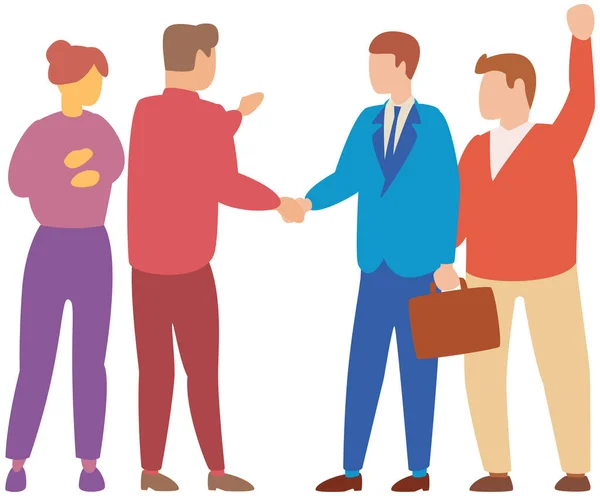 People have business meeting discussion. Partners shaking hands after signing contract, agreement — Stock Vector