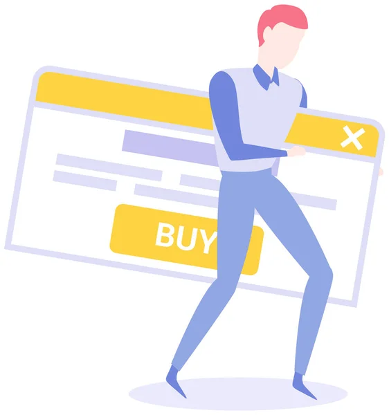 Uomo in possesso di sito web modello di pagina per lo shopping online. Acquista pulsante, effettuando l'acquisto via Internet — Vettoriale Stock