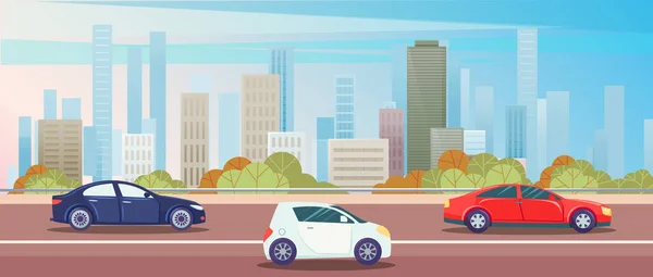 Carretera con coches modernos aparcamiento a lo largo de la calle ciudad. Ciudad horizonte fondo, carretera con automóviles — Vector de stock