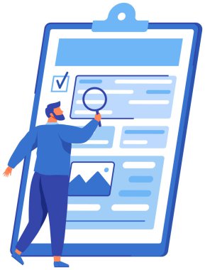 Loupe 'un yanındaki adam yazılı belgede bilgi arıyor. Açılış başlatma simgesi