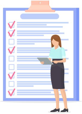 Kadın listeye ve planlama programına yakın duruyor. Plan tamamlandı, görev tamamlandı, zaman çizelgesi