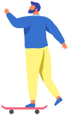 Bir ayağı kaykayın üzerinde duran kaykaycı. Mutlu genç adam, hippi tekerlekli sandalyede.