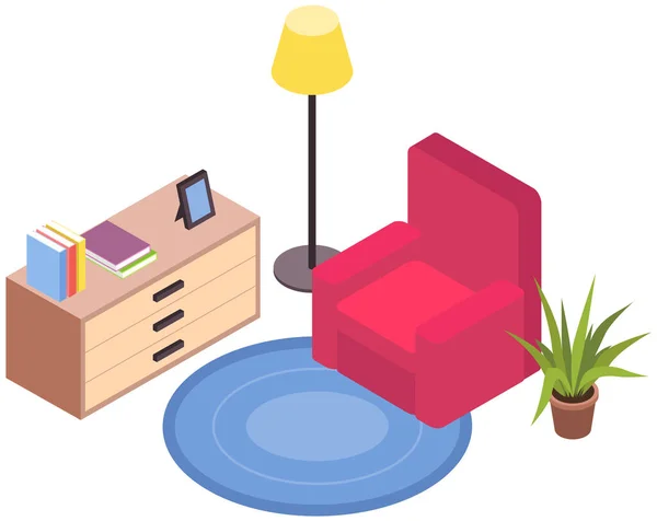 Living room design. Interior and arrangement of furniture in apartment armchair, nightstand, lamp — Stock Vector