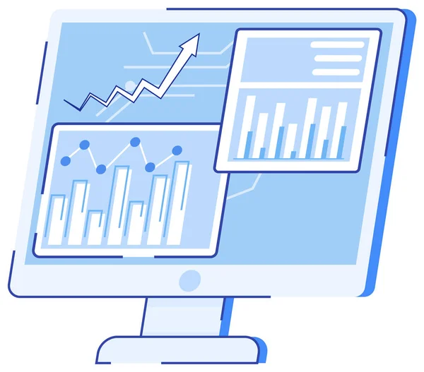 Tela do computador com vários gráficos e diagramas. Análise e investimento de dados, programa de negócios — Vetor de Stock