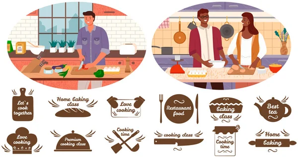 Handschrift über Küche und Kochen in der Nähe von Menschen, die Essen zubereiten und Gerichte in der Küche zubereiten — Stockvektor