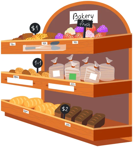 Τμήμα αρτοποιίας σε μοντέρνο κατάστημα τροφίμων. Ψήσιμο και αρτοσκευάσματα διαφόρων σχημάτων σε περίπτερα σε σούπερ μάρκετ — Διανυσματικό Αρχείο