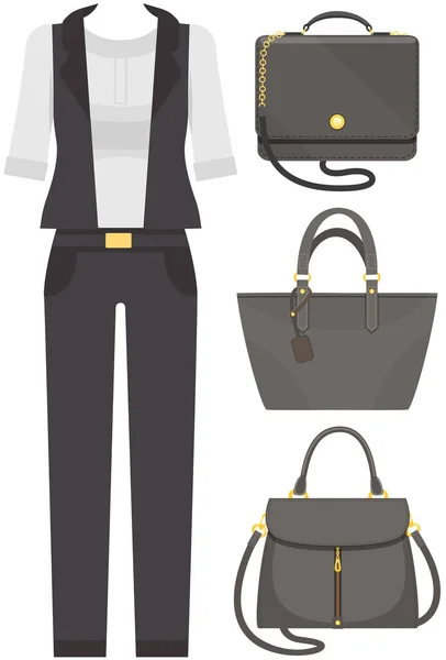 Set trendiger Frauenkleidung. Outfit von Damenjacke, Bluse, Hose und Accessoires Handtaschen — Stockvektor