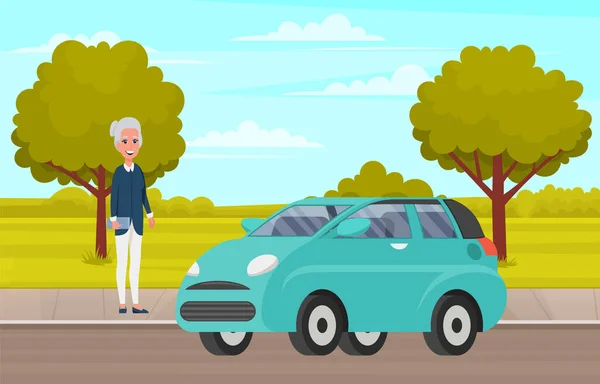 Pensionär, pensionerad dam med handväska i handen nära liten bil för kvinnor, halvkombi, transport — Stock vektor