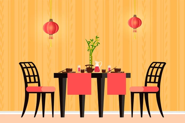 Mesa con platos y bebidas de la cocina japonesa. Japón restaurante de estilo oriental o cafetería — Vector de stock