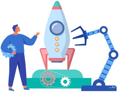 Başlangıç gelişimi için yapay zekayla çalışan bir adam. Roket fırlatma için robot kol