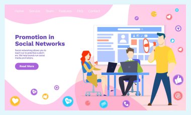 Medya pazarlaması ve reklamcılıkla uğraşan çalışanlar. Sosyal ağ konseptinde tanıtım
