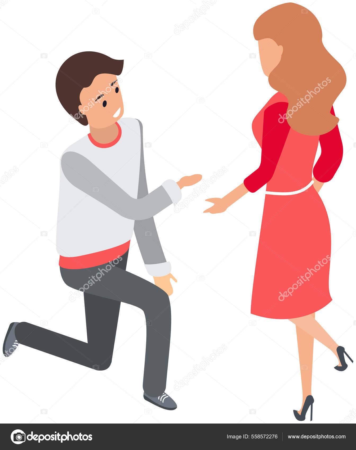 Image vectorielle Un homme à genoux fait sa demande en mariage à