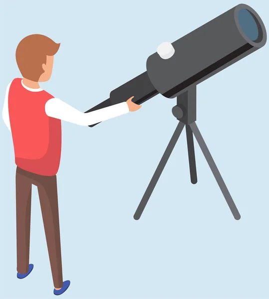 Adam teleskopun yanında duruyor, büyüteç. Kişi gözlemlemek için astronomik optik aygıt kullanır — Stok Vektör