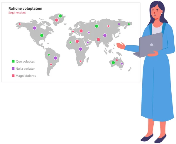 Mujer analiza informe digital con estadísticas. Indicadores estadísticos y datos del diagrama — Vector de stock