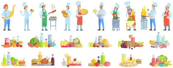 Conjunto de chefs creando comida de restaurante. Las personas fríen con sartén, cortan verduras, agregan ingredientes al plato — Archivo Imágenes Vectoriales