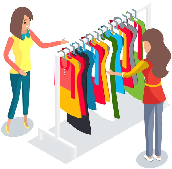 Woman standing in front of hangers and choosing outfit. Girl shopping in clothing store, boutique — Vetor de Stock