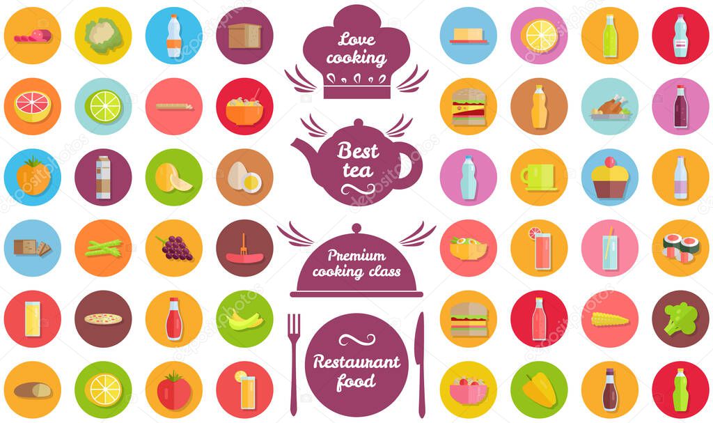 Set of hand writings about kitchen and cooking. Best time, home baking, restaurant fresh dish, cooking class, lets cook. Hand drawn letterings in simple style near icons of food and drinks
