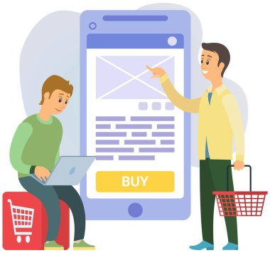 Erkekler alışveriş ve online ödeme için başvuru kullanırlar. Akıllı telefonun yanında ekranda simge alan insanlar
