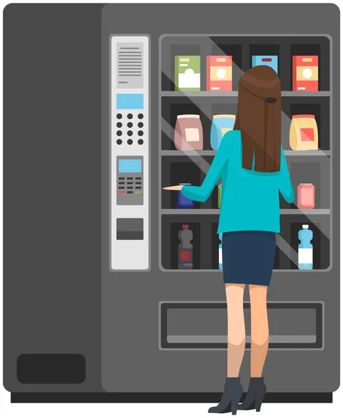 Lady standing next to vending machine and chooses snack or soda. Female character buying food — Stock Vector