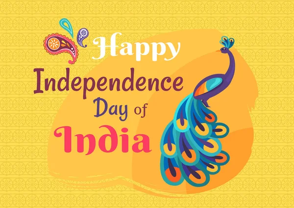 Bannière pour carte postale du jour férié. Carte de vœux de fête de l'indépendance de l'Inde avec image de paon — Image vectorielle