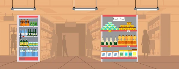 Stormarknad, mataffär med mat på hyllor. Självbetjäning butik i galleria inredning — Stock vektor