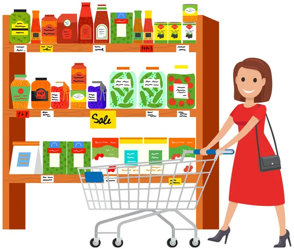 People make purchases, choose goods, buy products in supermarket, grocery store, shop with food — Stock Vector