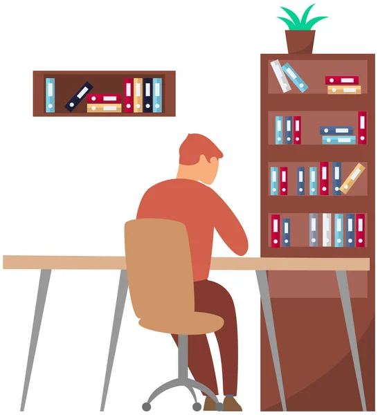 Young man reading books at home or working with document in office sitting at table back view — Stock Vector