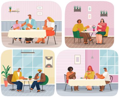 Restoran veya kafe sahnelerinde yemek yiyen ve konuşan bir grup insan. Kadın ve erkek kahve odasında.