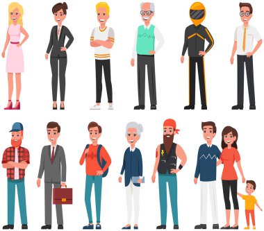 Meslek temsilcileri, farklı yaşlardaki insanlar ve beyaz arka planda izole edilmiş işler.