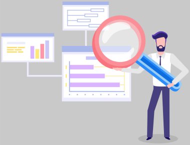 Dev büyüteç tutan ve istatistiksel grafikleri analiz eden adam. Pazarlama veri analizi