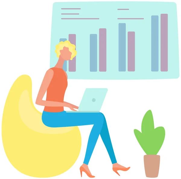 İstatistiksel göstergelerle kadın analiz raporu. Bayan yatırım analizinin sonuçlarını inceliyor — Stok Vektör