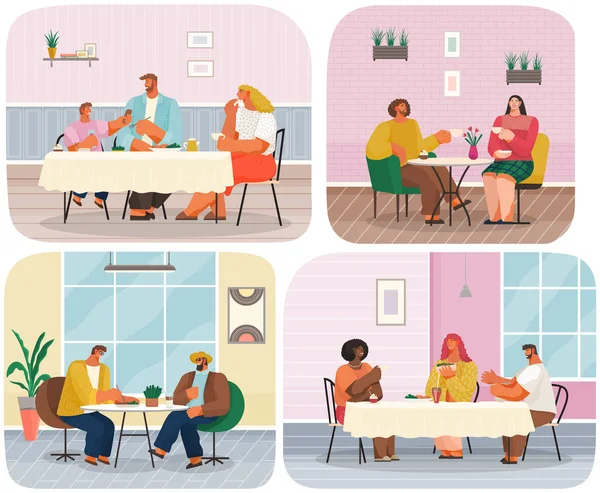 Grupo de personas comiendo y hablando en restaurante o cafetería escenas establecidas. Hombre y mujer en la sala de café — Vector de stock
