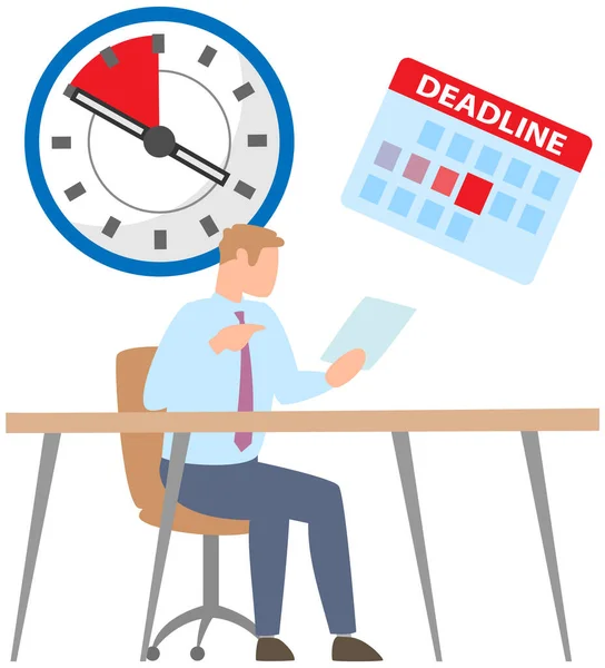 Man delays work deadline concept. Male character looking at document, does not have time to finish — Stock Vector