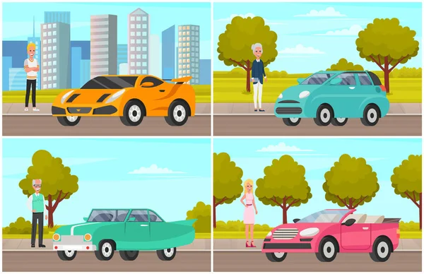 Personas de diferentes generaciones junto a su transporte personal. Personas de pie cerca de automóviles — Archivo Imágenes Vectoriales