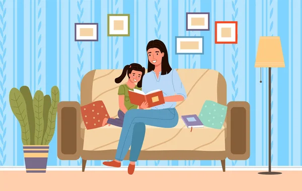 ママは物語を読んで娘に教える。本を持つお母さんは子供に就寝前の話を — ストックベクタ