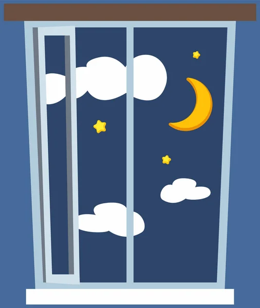Night out window icon in cartoon style on blue background. Night sky with stars, clouds and moon — Stock Vector