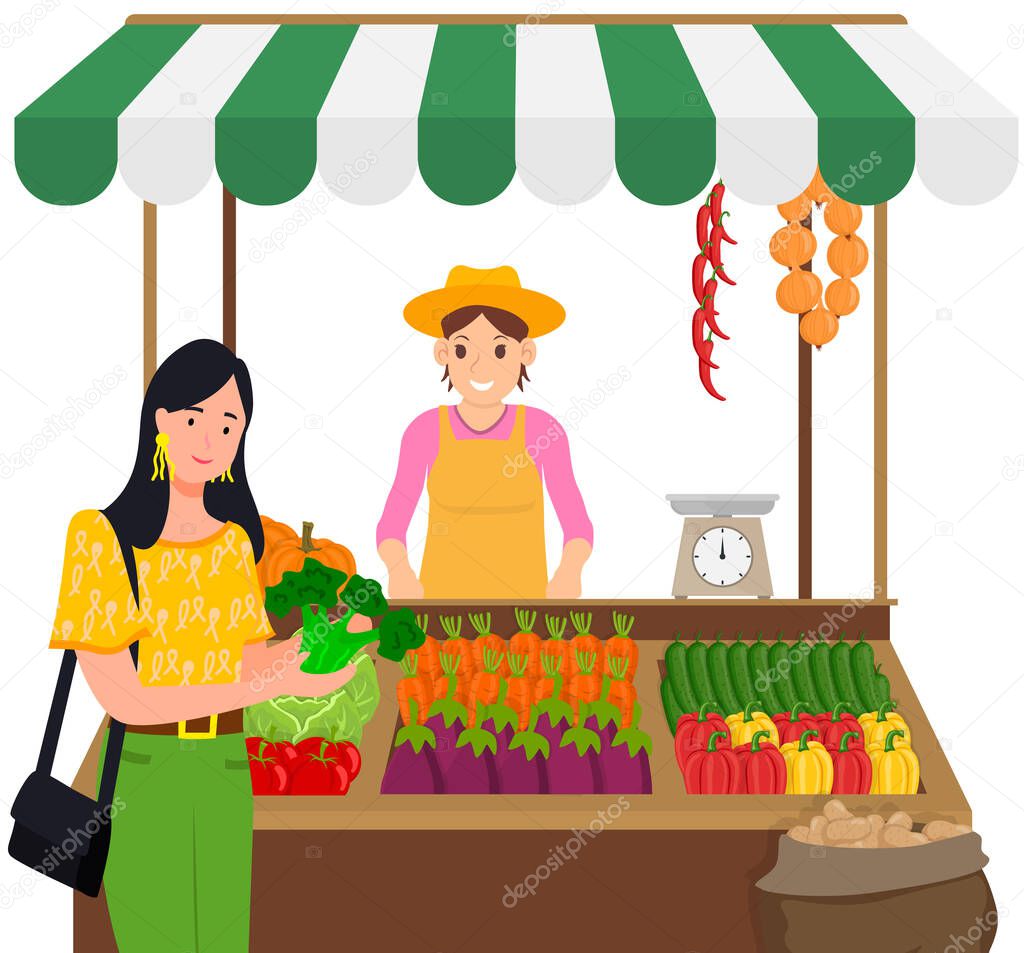 Woman chooses products in street food vegetable market. Farmer selling fresh farm products