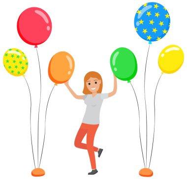 Balonların arasında dans eden genç ve güzel bir kız. Danstaki kadın seviniyor. Olayların Kutlaması