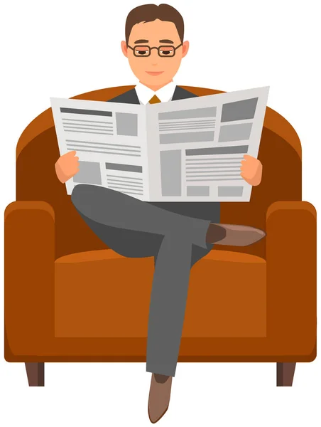 Seriös man sitter i stolen och läser tidningen. Upptagen manlig karaktär, affärsman med nyheter — Stock vektor