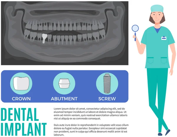 Női orvos beszél protézis struktúra. Fogászati implantátum készítési sémával dolgozik. — Stock Vector