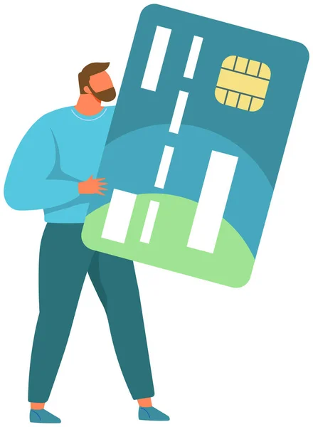 Homme d'affaires debout et tenant carte de crédit en ligne de paiement et de shopping symbole, épargne, monnaie — Image vectorielle
