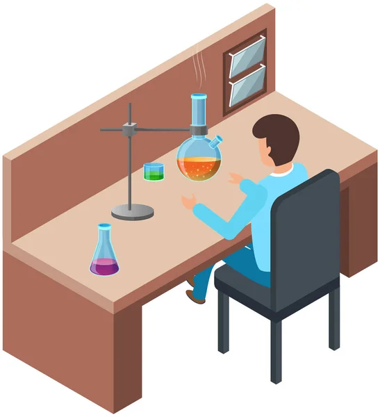 Scientist conducting research in laboratory. Man works with substances in test tubes for experiment — Stock Vector