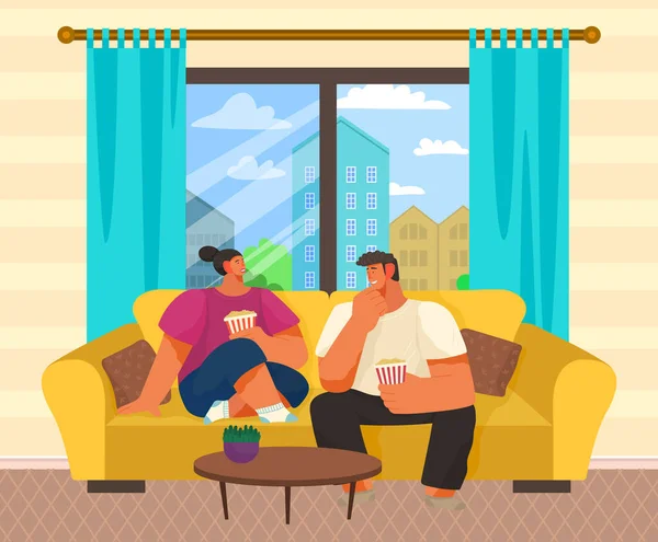 Kanepede oturup film izleyen bir çift. Neşeli insanlar patlamış mısır yiyor ve birlikte dinleniyorlar. — Stok Vektör