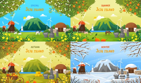 Isla JeJu en otoño, invierno, primavera, verano. Hermoso paisaje de temporada diferente — Vector de stock