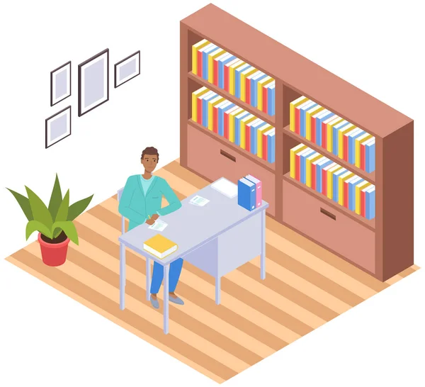 Estudiante tomando libro en librería icono de la biblioteca. Hombre en casa sentado en la mesa cerca de la estantería con libros — Vector de stock