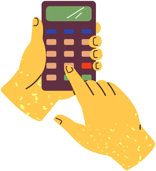 Empresario, contador trabajando con dispositivo para contar. Las manos sostienen la calculadora con botones y pantalla — Archivo Imágenes Vectoriales