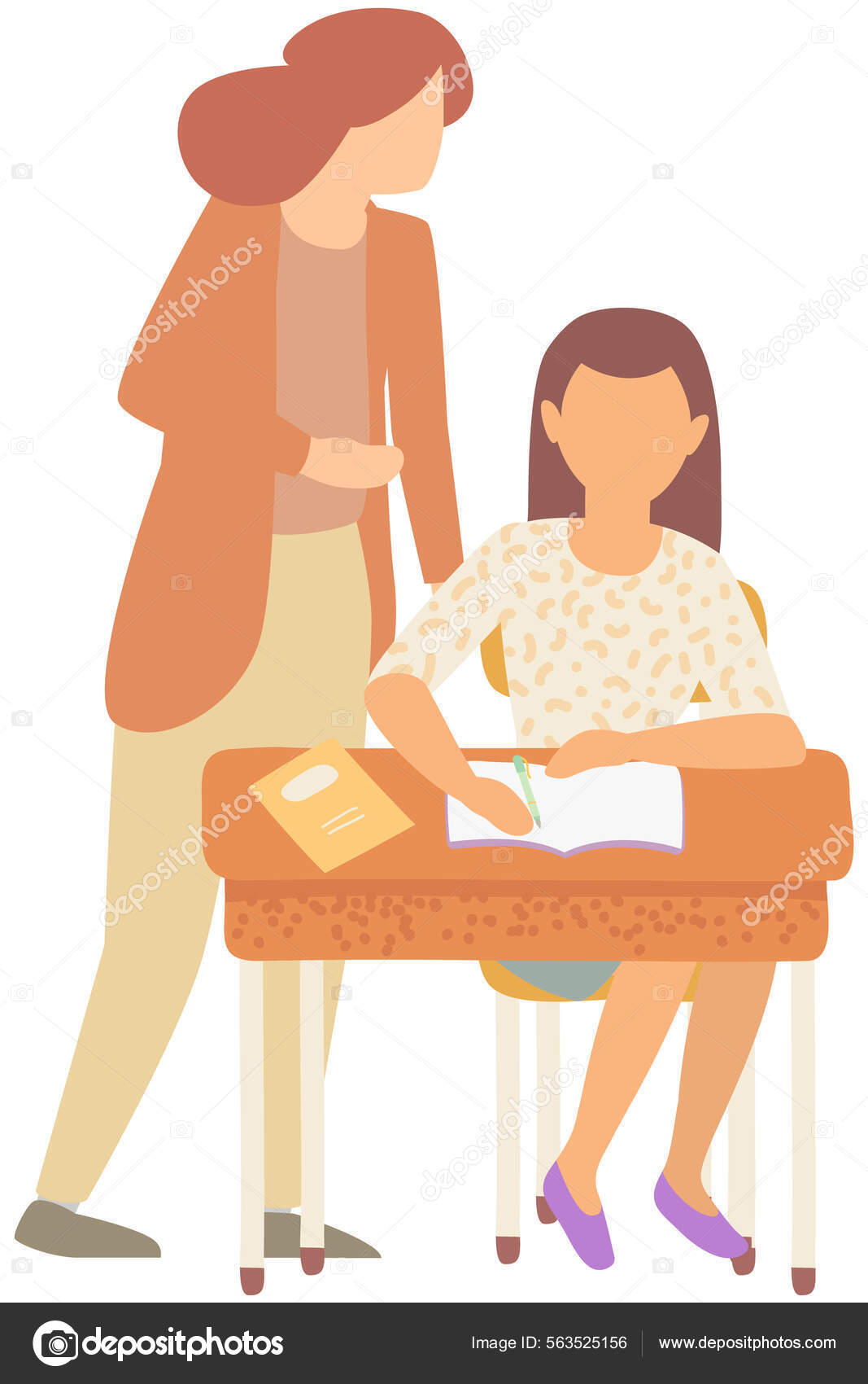 机に座って練習帳に書く女の子の子供。教師は宿題で女子学生を助ける ストックベクター ©robuart 563525156, image size:1067x1700