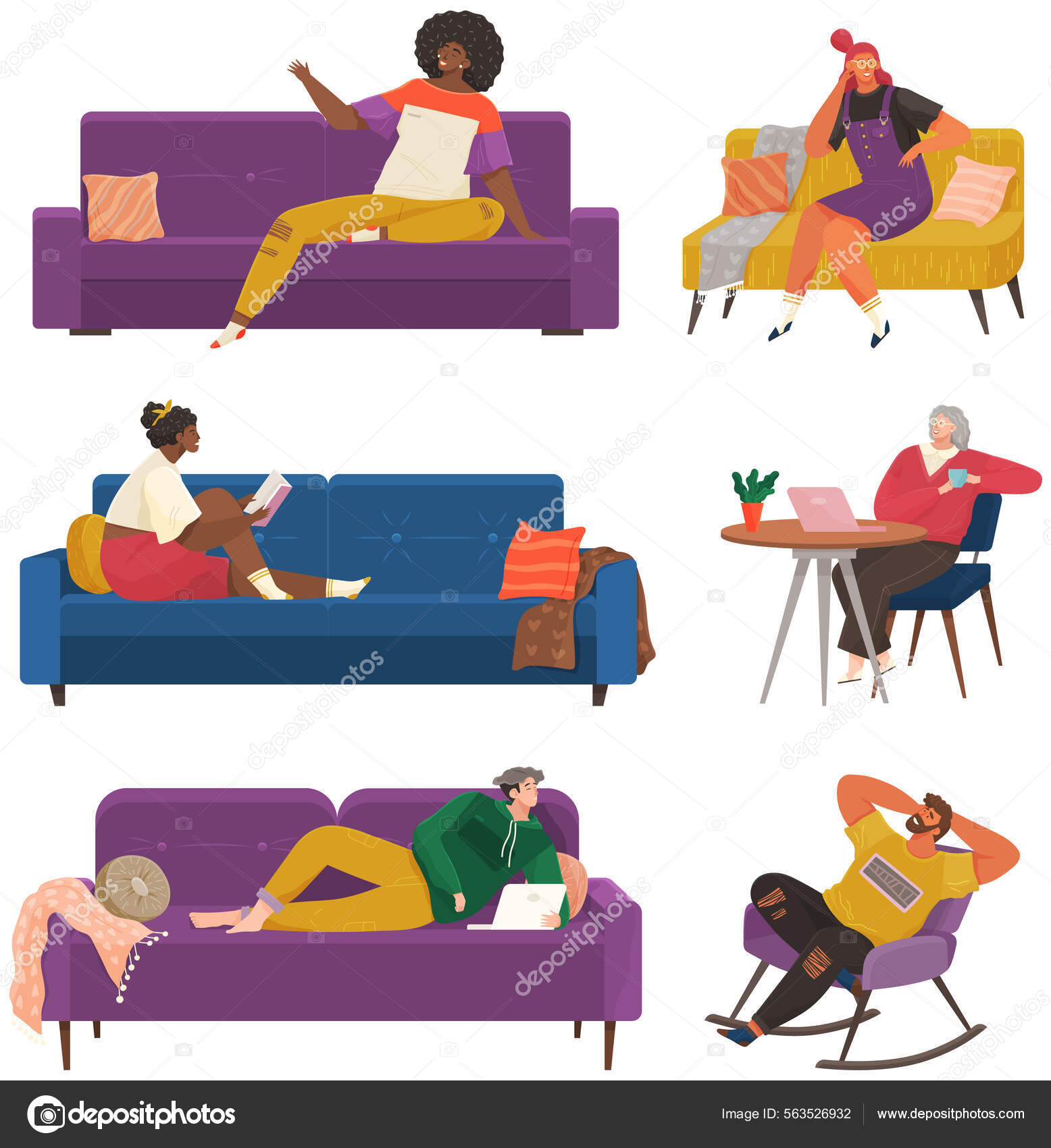 People resting at home relaxing on sofa or armchair having lazy free
