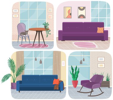 İç tasarım dekorasyonu ve oturma odası ve mutfak düzeni teması üzerine çizimler.