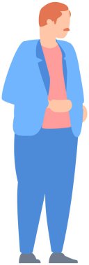 Yetişkin bir işadamı, girişimci duruyor ve başka tarafa bakıyor. Kızıl saçlı, bıyıklı, iş elbiseli adam.